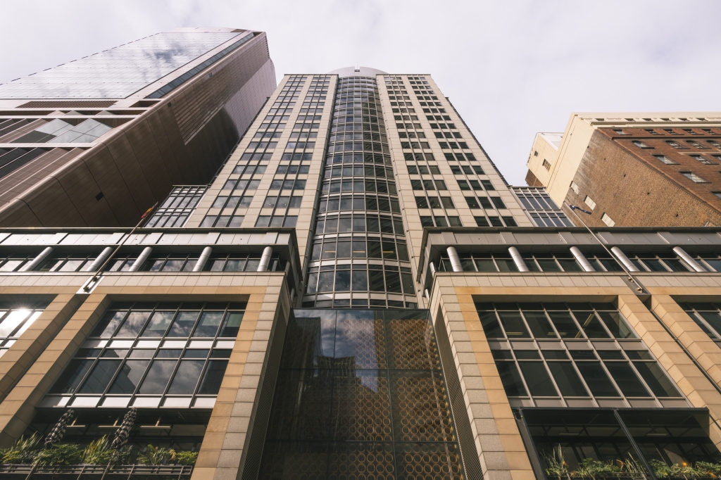 Perspective of the tower elevation of 60 Castlereagh Street standing at the base of the building.