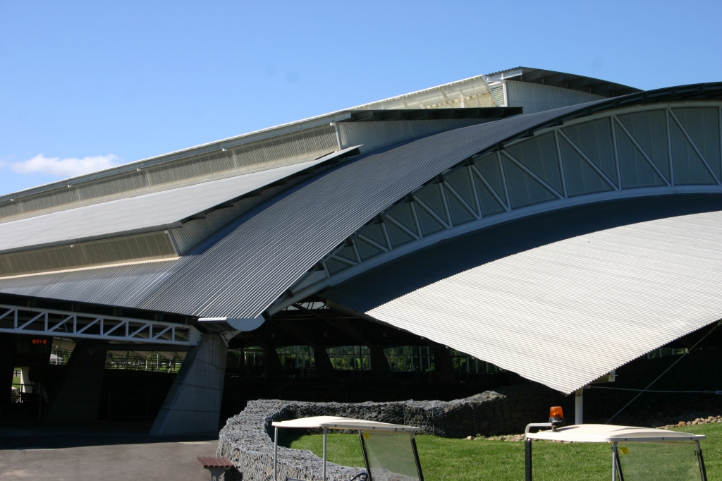 Image of the gentle curve designed roof of the Sydney International Equestrian Centre.